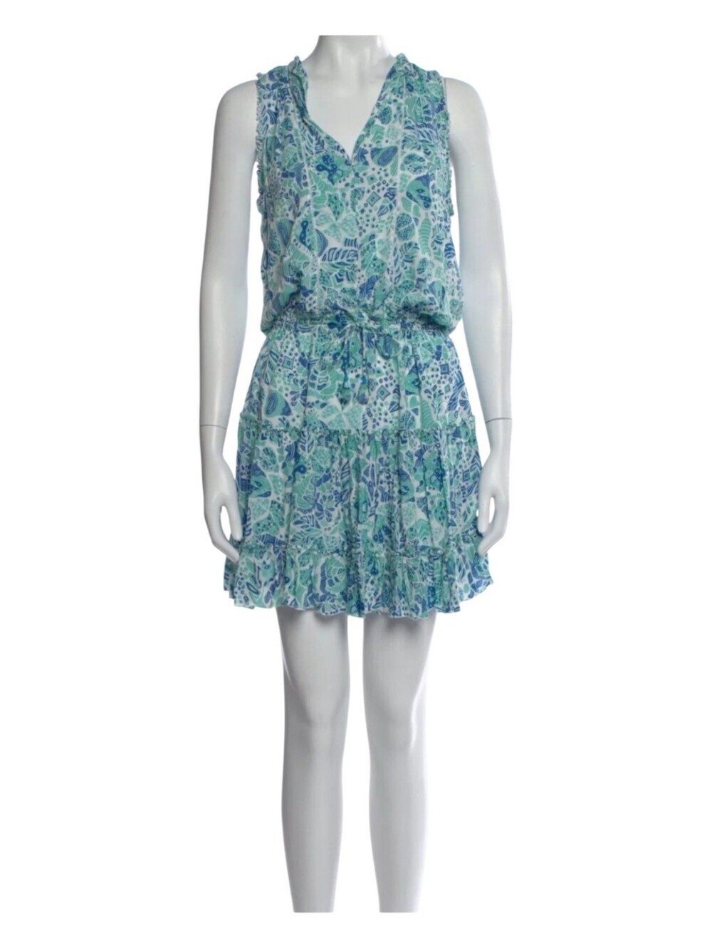 Poupette St Barth Clara Mini Dress NWT Size L Blue Aqua Print Tassel Tie Resort